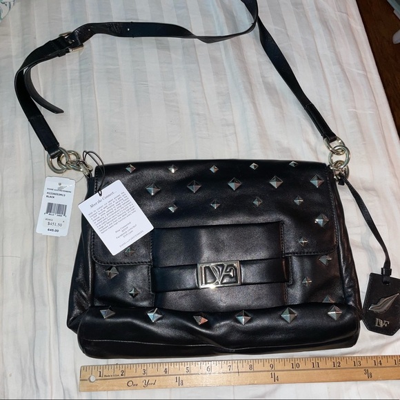 Diane Von Furstenberg Black Work Purse Tablet edgy rocker stud chic work travel - Picture 1 of 11